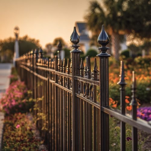 High-quality promotional image, elegant decorative fencing in a front yard, aluminum and wrought iron style, featuring ornamental tops and scrollwork, installed along a landscaped garden path, subtle flowers and trimmed hedges, warm sunrise lighting, North Florida residential home, blurred background with sharp fence detail, no people, photo realistic, sophisticated and inviting look, suitable for Tru American Fencing And More website, 16:9 --v 7 Job ID: be83f5aa-6105-414f-8360-96f6884e44a9