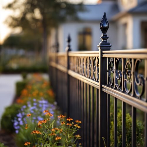 High-quality promotional image, elegant decorative fencing in a front yard, aluminum and wrought iron style, featuring ornamental tops and scrollwork, installed along a landscaped garden path, subtle flowers and trimmed hedges, warm sunrise lighting, North Florida residential home, blurred background with sharp fence detail, no people, photo realistic, sophisticated and inviting look, suitable for Tru American Fencing And More website, 16:9 --v 7 Job ID: be83f5aa-6105-414f-8360-96f6884e44a9