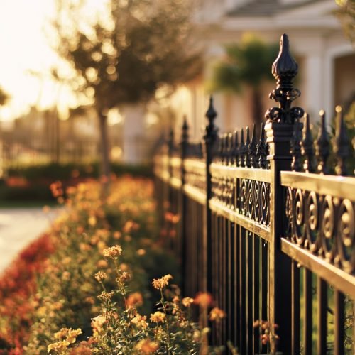 High-quality promotional image, elegant decorative fencing in a front yard, aluminum and wrought iron style, featuring ornamental tops and scrollwork, installed along a landscaped garden path, subtle flowers and trimmed hedges, warm sunrise lighting, North Florida residential home, blurred background with sharp fence detail, no people, photo realistic, sophisticated and inviting look, suitable for Tru American Fencing And More website, 16:9 --v 7 Job ID: be83f5aa-6105-414f-8360-96f6884e44a9