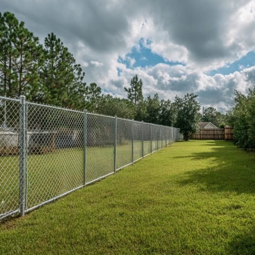 High-resolution photo, professional real estate photography, a clean backyard in North Florida with freshly installed chain link fencing enclosing a green lawn, neutral cloudy sky, showcasing the fence from a side angle and corner view, residential property, practical and durable, fence with top rail, realistic lighting, depth of field, slight warm tone, no people, brand clean aesthetic, suitable for Tru American Fencing And More website service page, photo realism, 16:9 --v 7 Job ID: dfd5668f-be08-4c0f-9ebf-d997b6a1c390
